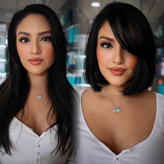 long bob with side swept bangs