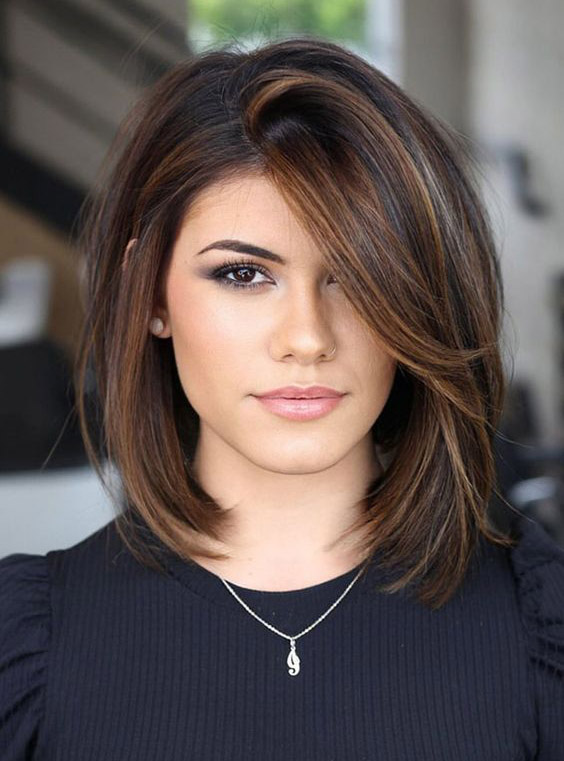 long bob with side swept bangs