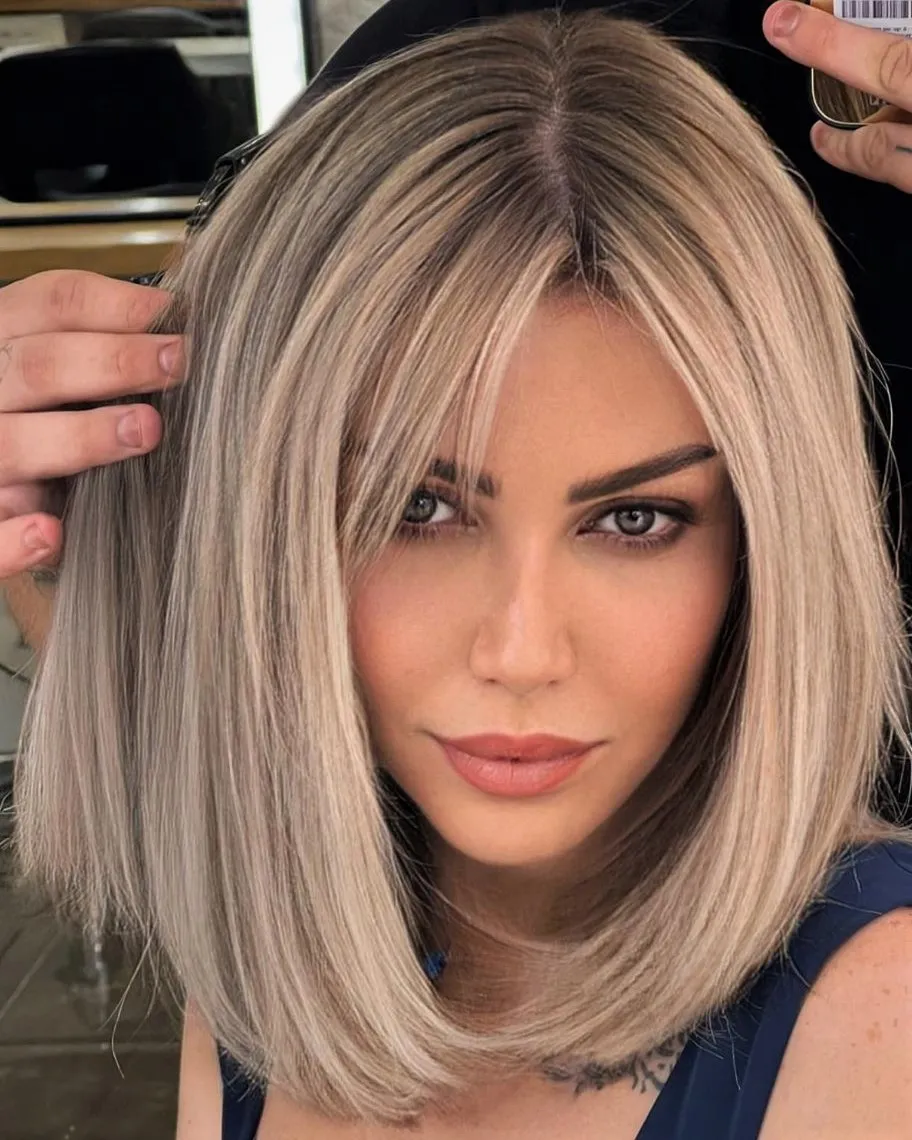 long bob with side swept bangs